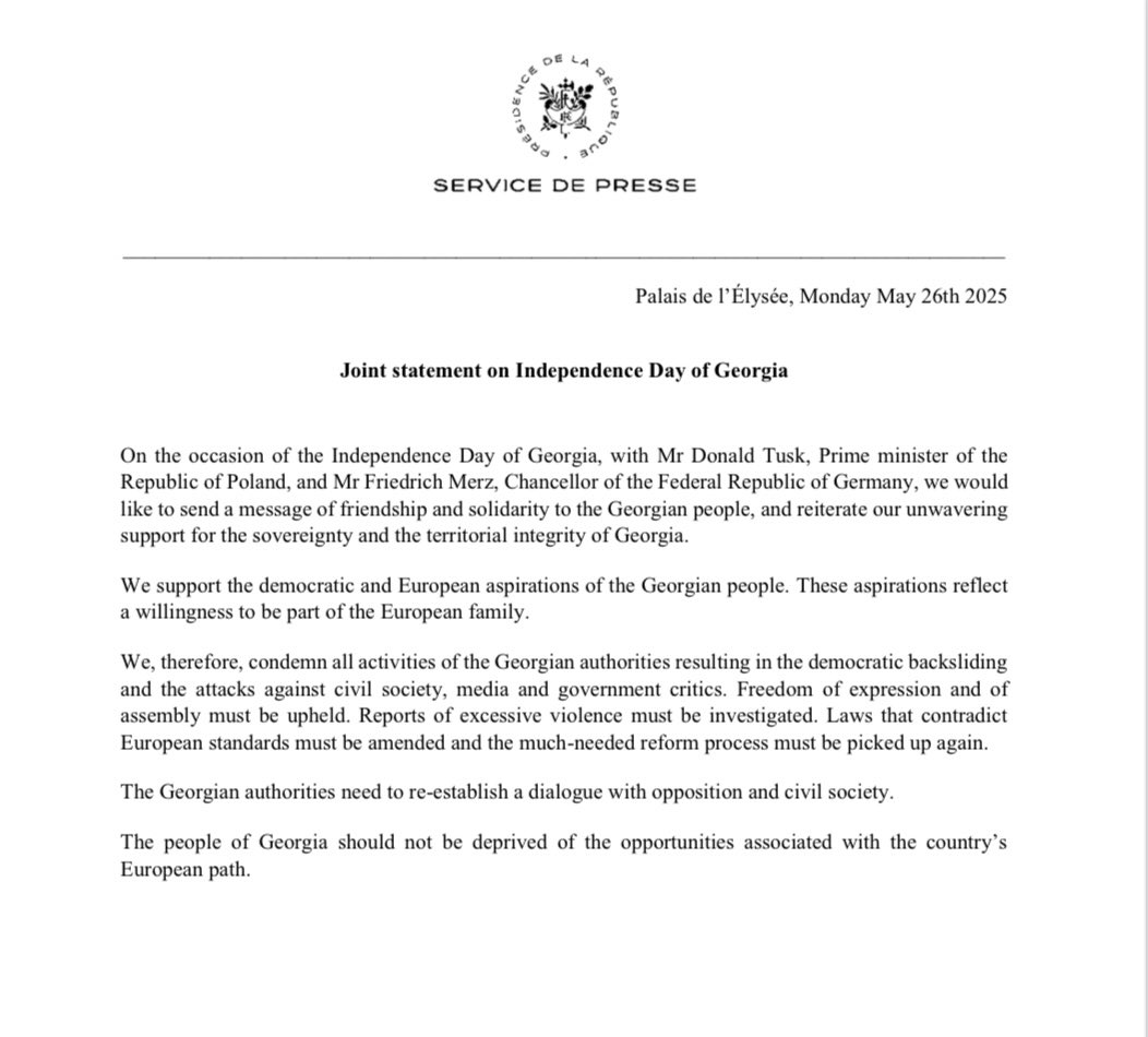 Sheraz Gasri 🇫🇷🇬🇪 (@sherzag) on Twitter photo Weimar Triangle Joint statement by <a href="/EmmanuelMacron/">Emmanuel Macron</a> <a href="/donaldtusk/">Donald Tusk</a> <a href="/_FriedrichMerz/">Friedrich Merz</a> on the occasion of Independence Day of #Georgia 👇 Weimar Triangle Joint statement by <a href="/EmmanuelMacron/">Emmanuel Macron</a> <a href="/donaldtusk/">Donald Tusk</a> <a href="/_FriedrichMerz/">Friedrich Merz</a> on the occasion of Independence Day of #Georgia 👇