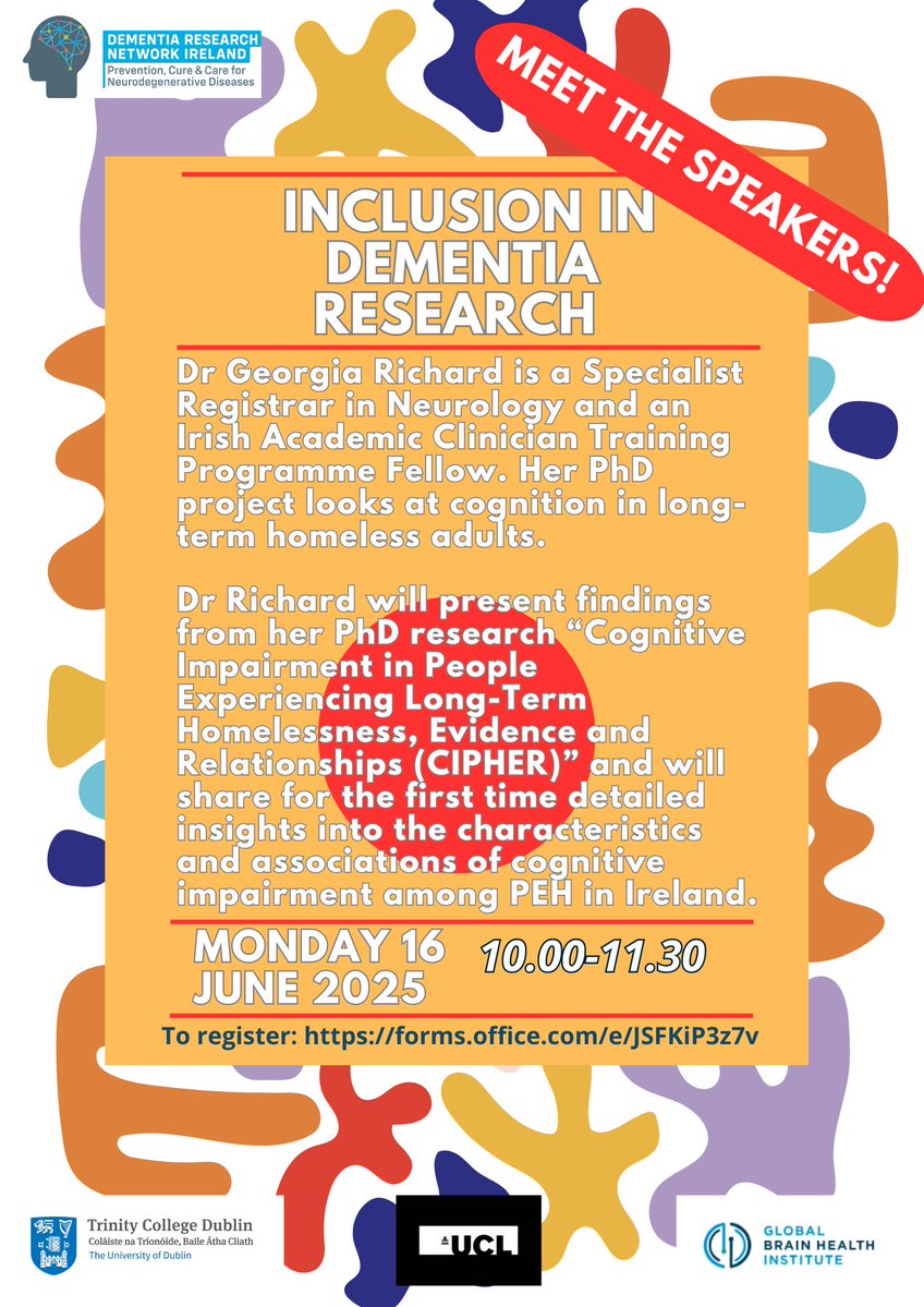 Dementia Research Network Ireland (@drnire) on Twitter photo ✨The 3rd speaker of our 'Inclusion in dementia research' is <a href="/GeorgiaRRichard/">Georgia Richard</a> of <a href="/tcddublin/">Trinity College Dublin</a>, who will speak on cognition in long-term homeless adults.
To join us for this special extended 3-speaker webinar on
🗓️Monday 16 June
at
🕙10.00
go to➡️forms.office.com/e/JSFKiP3z7v ✨The 3rd speaker of our 'Inclusion in dementia research' is <a href="/GeorgiaRRichard/">Georgia Richard</a> of <a href="/tcddublin/">Trinity College Dublin</a>, who will speak on cognition in long-term homeless adults.
To join us for this special extended 3-speaker webinar on
🗓️Monday 16 June
at
🕙10.00
go to➡️forms.office.com/e/JSFKiP3z7v