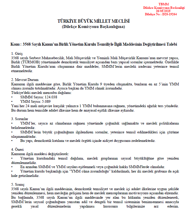 TBMM sunulan “3568 Sayılı Kanun’un Birlik Yönetim Kurulu Temsiliyle İlgili Maddesinin Değiştirilmesi Talebi ( Yönetim Kurulunun 5 YMM 4 SMMM  zorunluluğu olması ile ilgili)” dilekçesini imzalayabilir misiniz? 
İmzalamak için;  edilekce.tbmm.gov.tr adresine giriyoruz.  
Menüden