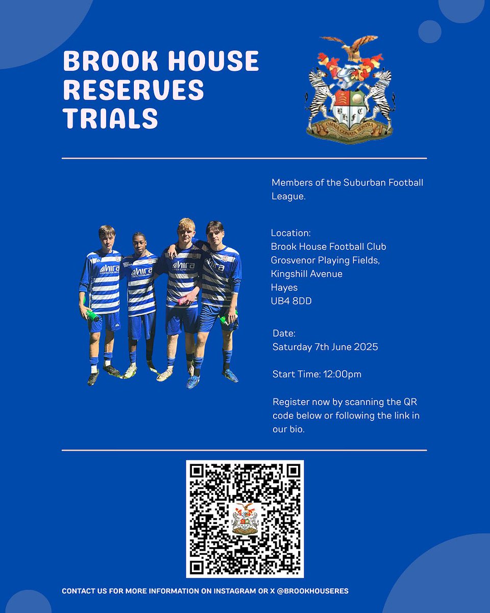 Brook House Reserves Trials

Under 2 weeks to go until our Trial date.

Saturday 7th June 2025 - 12:00pm start.

Sign up now using the QR code or the link in the bio.