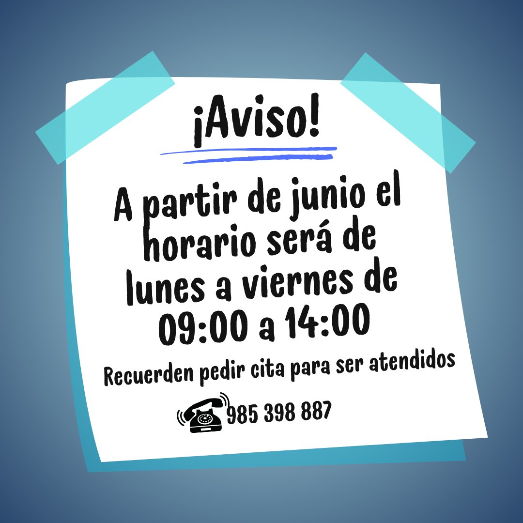 ⚠ ¡Atención! ⚠

A partir del 1 de junio pasamos al horario de verano.
La asociación permanecerá abierta de lunes a viernes de 09:00 a 14:00.

Recuerden que para ser atendido es imprescindible pedir cita.