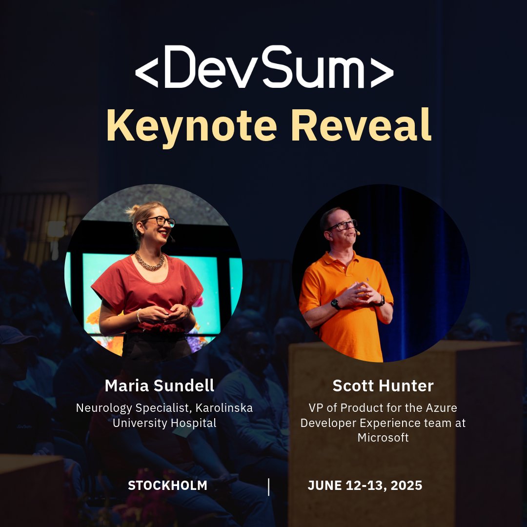 🚀 Introducing the #DevSum2025 Keynotes!

🎤 Maria Sundell (Karolinska)
Unlock your brain’s potential for creativity, problem-solving &amp; growth.

🎤 Scott Hunter (Microsoft Azure)
How AI &amp; agents are transforming .NET development.

✨ Two days. Two keynotes. One amazing community.