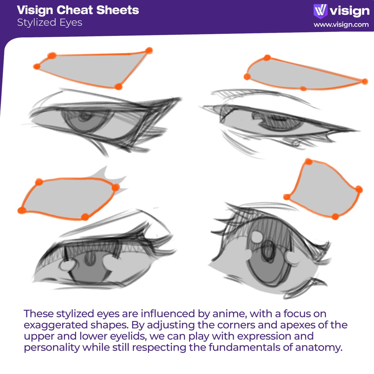visignacademy's tweet image. Stylizing 👁? Push the shape, the iris, even the colors! Experiment and have fun – your imagination is the limit.
Want to learn more about Character Shape Design &amp;amp; Consistency? Check out this free PDF: visign.com/downloads/visi…
#visigncheatsheet #characterdesign #stylizeddesign…
