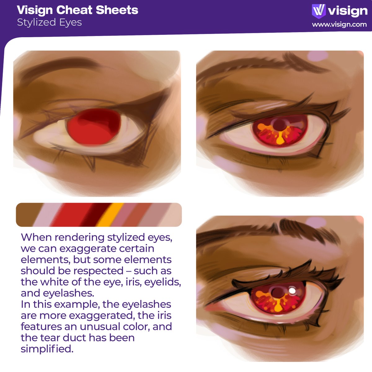 visignacademy's tweet image. Stylizing 👁? Push the shape, the iris, even the colors! Experiment and have fun – your imagination is the limit.
Want to learn more about Character Shape Design &amp;amp; Consistency? Check out this free PDF: visign.com/downloads/visi…
#visigncheatsheet #characterdesign #stylizeddesign…