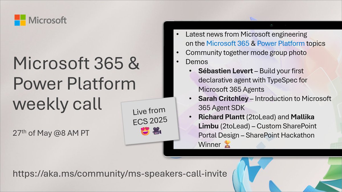 Microsoft SharePoint (@sharepoint) on Twitter photo π Agenda for the #Microsoft365dev & #PowerPlatform call 27th of May
β’ The latest news and updates
β’ Demos this time on #Agents and #SharePoint
β’ Presented by <a href="/seblevert/">Sebastien Levert</a>, Sarah Critchley, Robert Plantt and Mallika Limbu
+more π
π Join the call β msft.it/6011S5H0t π Agenda for the #Microsoft365dev & #PowerPlatform call 27th of May
β’ The latest news and updates
β’ Demos this time on #Agents and #SharePoint
β’ Presented by <a href="/seblevert/">Sebastien Levert</a>, Sarah Critchley, Robert Plantt and Mallika Limbu
+more π
π Join the call β msft.it/6011S5H0t