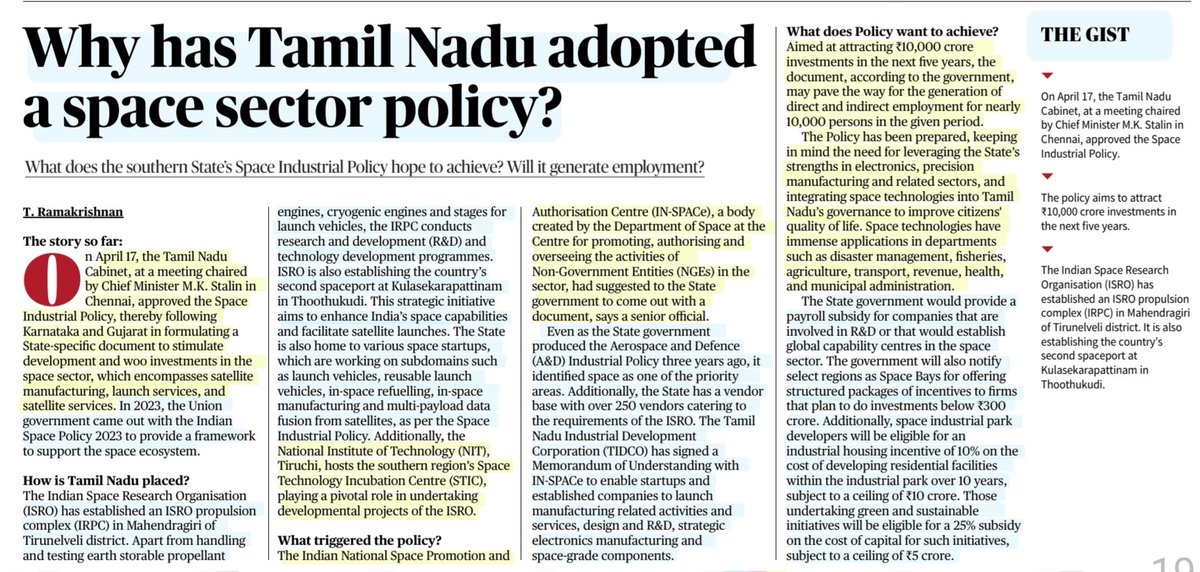 imRavikantYadav's tweet image. 'Why has Tamil Nadu adopted a space sector policy?'
:Explained by Sh T. Ramakrishnan
#TamilNadu #SpaceSector #Policy
#satellite #Launch #Manufacturing
#ISRO #IRPC #SpaceIndustrialPolicy #TIDCO #InSPACe #Subsidy #AeroSpace #defence
#UPSC
Source: TH