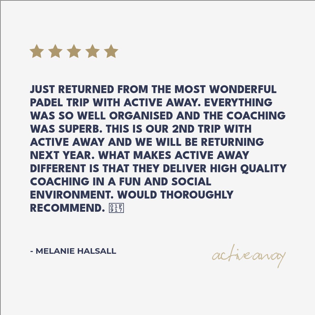"Just returned from the most wonderful Padel trip. Everything was well organised and the coaching superb. Active Away is our go-to for quality Padel holidays. Highly recommend! 🤗" - Melanie Halsall

#ActiveAway #Padel #SportsTravel