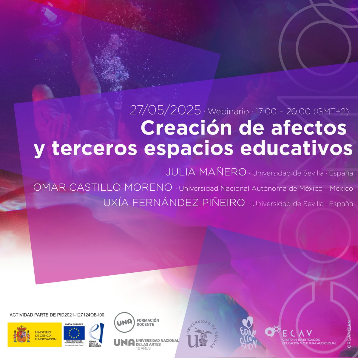 🗓️Mañana 27/05 (17:00-20:00 GMT+2)
Webinario “Creación de afectos y terceros espacios educativos”, con Julia Mañero, Omar Castillo Moreno y Uxía Fernández Piñeiro. Una invitación a repensar lo afectivo en lo pedagógico.
🔗Inscripción gratuita acortar.link/RRGqRg
#EDARCLUSION