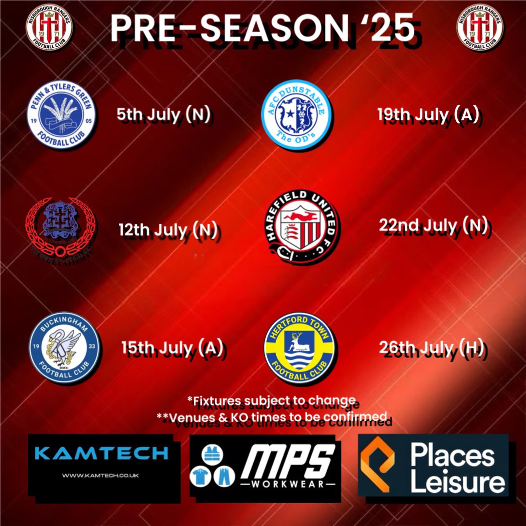 ⚽️⚽️ PRE-SEASON ‘25 ⚽️⚽️

5/7  @Penn_football  (N)
12/7 <a href="/thameunitedfc/">Thame United FC</a> (N)
15/7  <a href="/thebuckinghamfc/">Buckingham Football Club</a> (A)
19/7  <a href="/AFCDunstable/">AFC Dunstable</a> (A)
22/7  @harefieldutd (N)
26/7 <a href="/HertfordTownFC/">Hertford Town FC</a> (H)

*Fixtures subject to change 
**Venues &amp; KO times to be confirmed