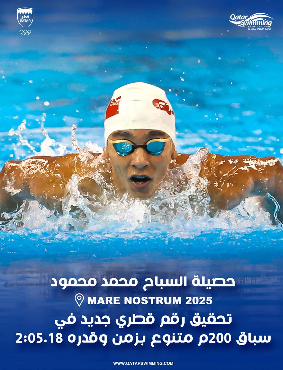 🚨اختتم سباح منتخبنا الوطني محمد محمود مشاركته في بطولة  Mare Nostrum 2025 بتحقيق رقم قطري جديد في سباق 200م فردي متنوع بزمن 2:05.18 ، كل التوفيق لبطلنا في الاستحقاقات القادمة .