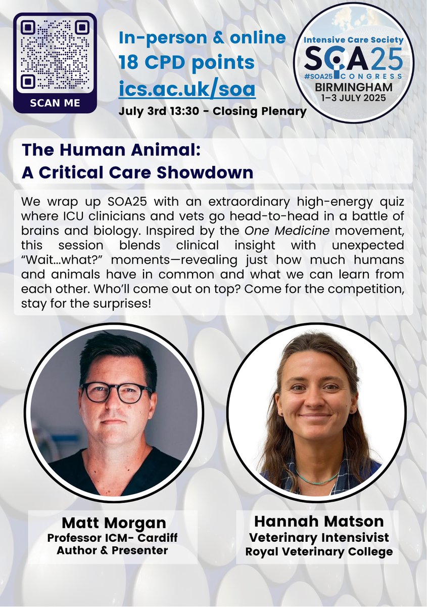 Parjam Zolfaghari (@pjzolfaghari) on Twitter photo Don’t miss the extraordinary & fun #SOA25 Closing Plenary exploring human and animal physiology and what we can learn from each other. <a href="/ICS_updates/">Intensive Care Society 💙</a> <a href="/dr_mattmorgan/">Dr Matt Morgan</a>
📅 July 3rd, 13:30
📍 Birmingham + Online
🎯 18 CPD Points
Book now 👉 ics.ac.uk/soa25-congress… Don’t miss the extraordinary & fun #SOA25 Closing Plenary exploring human and animal physiology and what we can learn from each other. <a href="/ICS_updates/">Intensive Care Society 💙</a> <a href="/dr_mattmorgan/">Dr Matt Morgan</a>
📅 July 3rd, 13:30
📍 Birmingham + Online
🎯 18 CPD Points
Book now 👉 ics.ac.uk/soa25-congress…