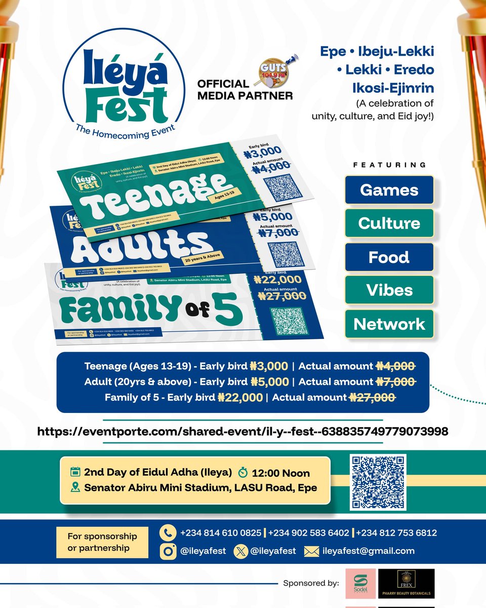 ileyafest's tweet photo. 🎟️ #IleyaFest2025 tickets now on SALE!

📅 2nd Day of Ileya
📍 Senator Abiru Mini Stadium
⏰ 12PM

Teen: ₦3K | Adult: ₦5K | Family (5): ₦27K
Grab yours: https://t.co/DEKJtK833A

#EpeToTheWorld #YouthUnite https://t.co/4EitOaP2s8