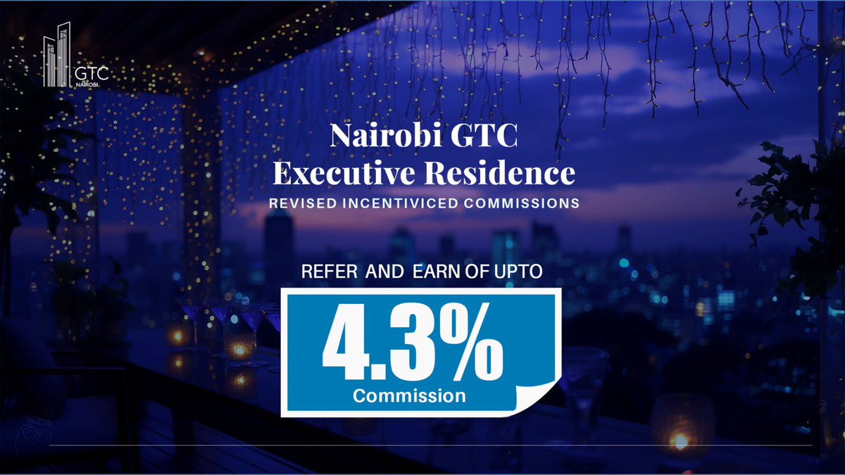 Level up your income with Nairobi GTC Executive Residence!
We’re excited to unveil our new enhanced commission structure ,now earn 4.3% and more on every successful deal!
Ready to earn more? Start referring today! Call us at 0791 888 777
#GTCKenya #ReferAndThrive