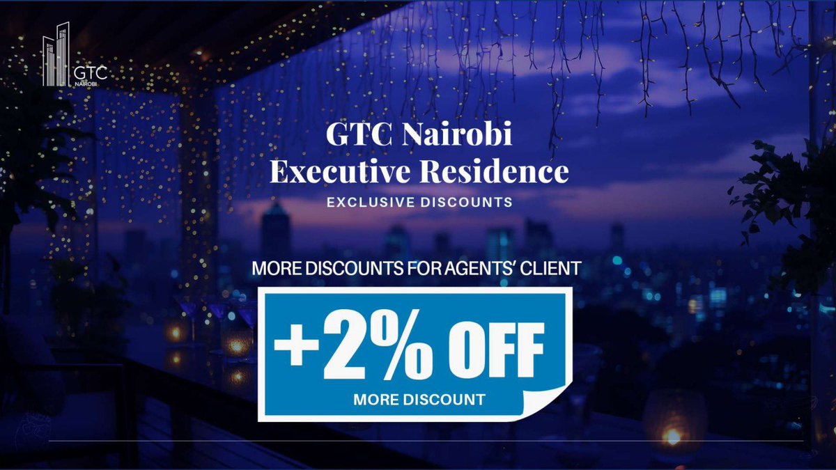 GTCKenya1's tweet image. Smart investment starts at Nairobi GTC Executive Residence.
Enjoy up to 13% off, plus 2% extra via agents — valid till July 31.
Perfect for buyers seeking quality, location &amp;amp; long-term value.

📞 0791 888 777 to book your private viewing.