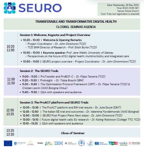 📢 Reminder! Join us on May 28 for the SEURO Project Showcase 🩺 and discover how we aim to scale citizen-driven digital health across Europe with #ProACT and #SEUROtools.
⏲️ 10:20 CET | 09:20 IST
📍 Online
🔗 Register: tcd-ie.zoom.us/webinar/regist…