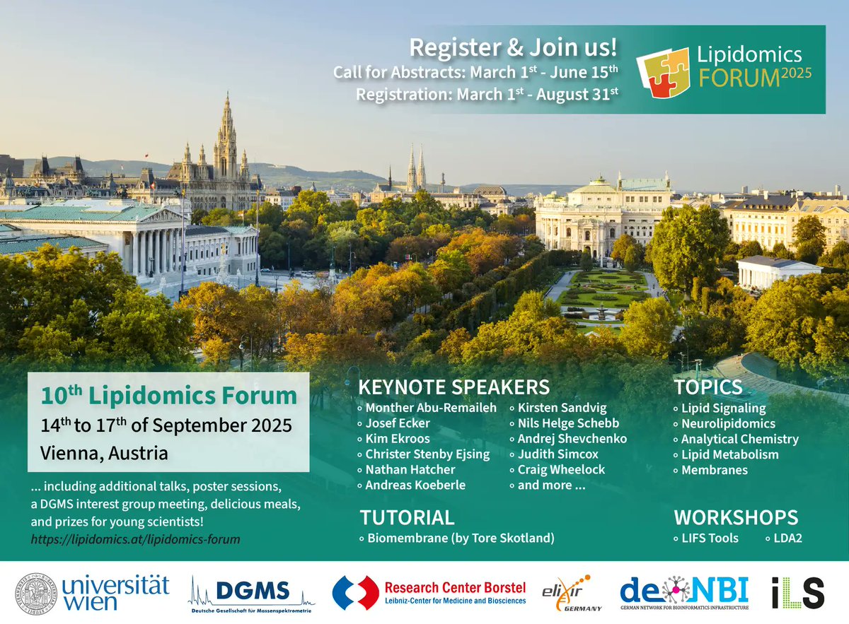 Join the international lipidomics community at the 10th Lipidomics Forum! The program features exciting talks, tutorials, and workshops on various lipid-related topics.
📅 14 - 17 Sept 2025
📍Vienna, AT
📢 Abstracts due: 15 June
📝 Register by: 31 Aug
👉 lipidomics.at/lipidomics-for…