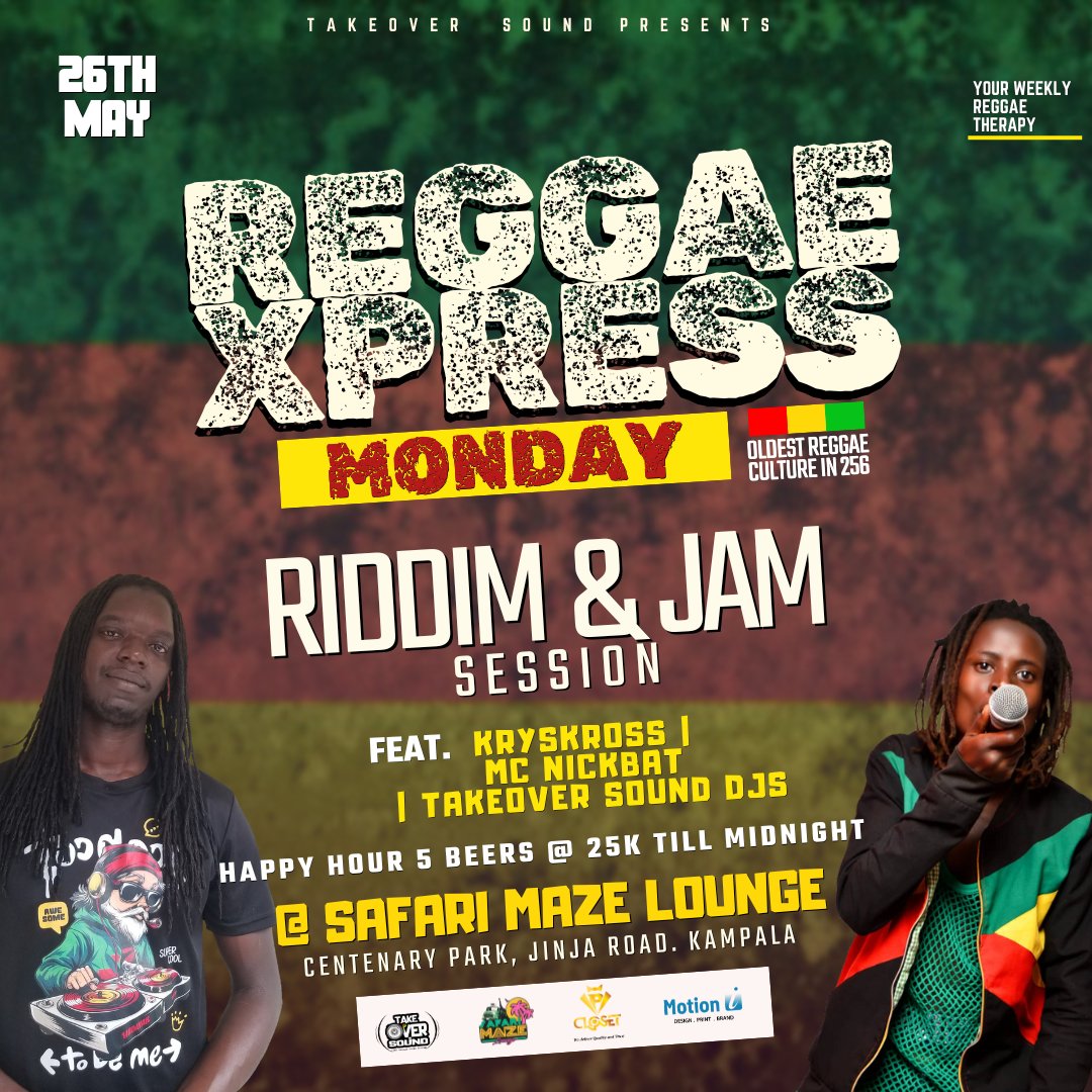 REGGAE XPRESS MONDAYS 🇺🇬 (@reggaexpressug) on Twitter photo #ReggaeXpressMonday TONIGHT
Hosted by <a href="/IamKrysKross/">ᵗʰᵉ ɢᴏᴅꜰᴀᴛʜᴇR</a>
Jamming with #McNICKBAT
STRICTLY REGGAE MUSIC 💯
📌Safari Maze Lounge, Centenary Park #ReggaeXpressMonday TONIGHT
Hosted by <a href="/IamKrysKross/">ᵗʰᵉ ɢᴏᴅꜰᴀᴛʜᴇR</a>
Jamming with #McNICKBAT
STRICTLY REGGAE MUSIC 💯
📌Safari Maze Lounge, Centenary Park