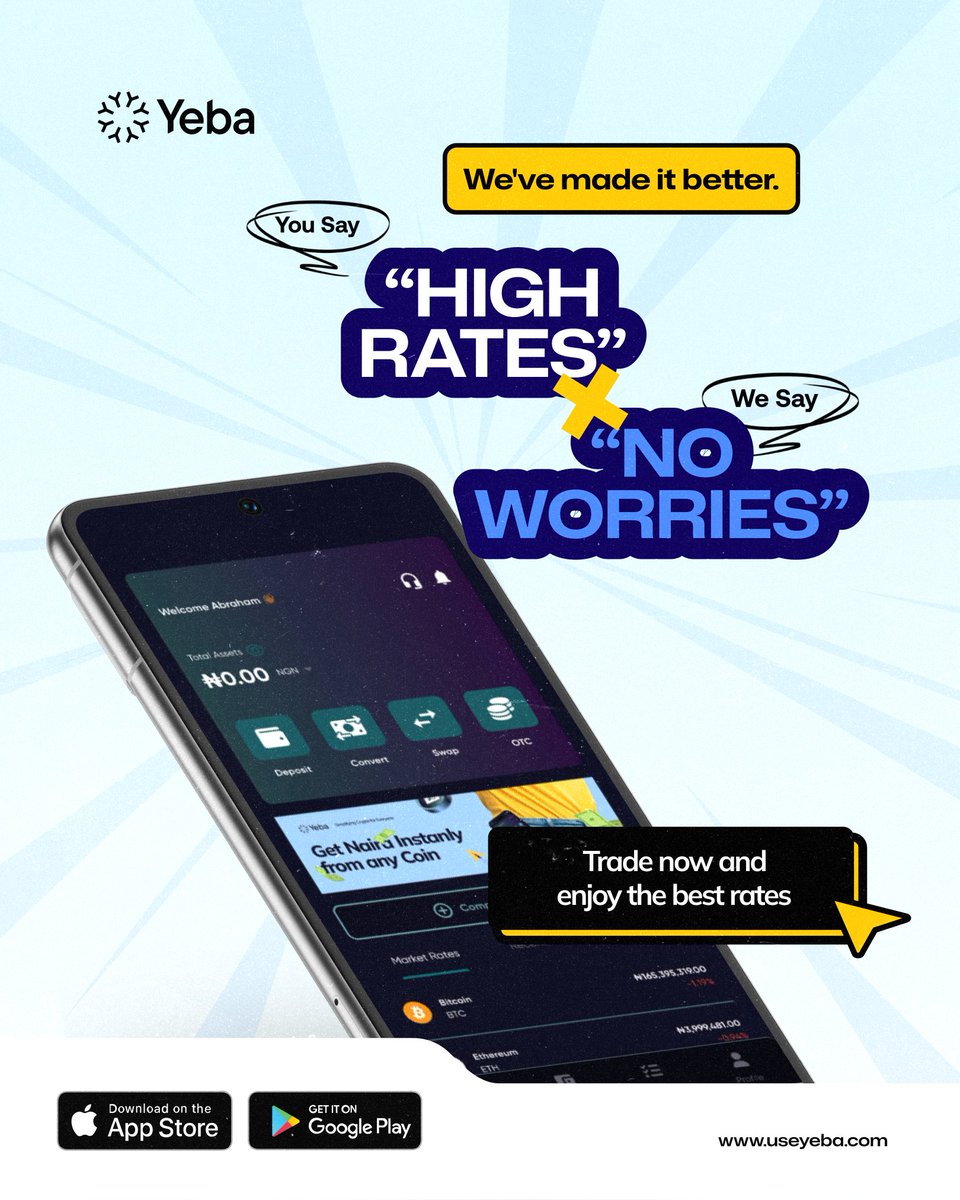 yebatech's tweet photo. It's high time you do the needful! Convert your crypto to Naira now on Yeba and enjoy sweet rates.

Download and Use Yeba Now👉https://t.co/AmMya7Mknu

#Yeba #YebaApp #UseYeba #CryptoTrading #lowfees https://t.co/6m7mqdN6ER