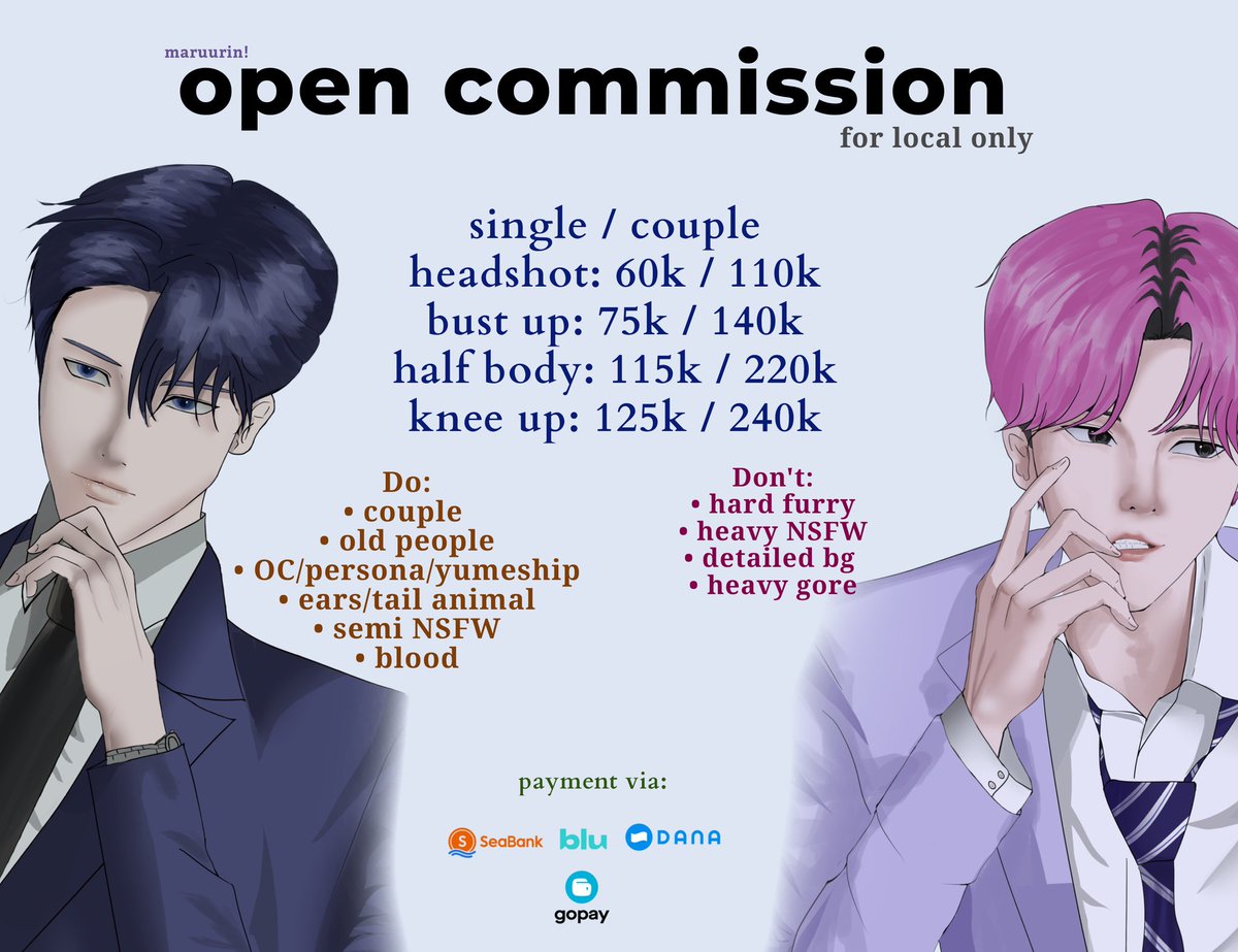 [rt&amp;like are appreciate♡]

halo guys, aku open commission. kinda urgent buat kebutuhan harian.

karena pertama kali open, aku mau kasih diskon 10k buat 2 orang pertama khusus bust up—knee up ya*^-^*

kalo ada pertanyaan bisa langsung DM (tolong mention after DM ya).

thank you💗