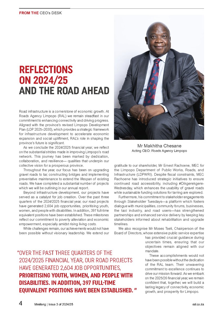 Roads Agency Limpopo (@roadsagency) on Twitter photo ๐๐๐
๐๐๐๐๐๐๐๐ ๐๐ ๐๐๐๐/๐๐ ๐๐๐ ๐๐๐ ๐๐๐๐ ๐๐๐๐๐:
The Acting CEO of RAL, Mr Makhitha Chesane reflects on the Agencyโs performance.
๐
๐๐๐ ๐๐๐๐ ๐๐ ๐๐๐๐ 4 ๐๐ ๐๐๐๐๐๐๐, ๐ผ๐ ๐ ๐ข๐ 3 | 2024/25: ral.co.za/wp-content/uplโฆ ๐๐๐
๐๐๐๐๐๐๐๐ ๐๐ ๐๐๐๐/๐๐ ๐๐๐ ๐๐๐ ๐๐๐๐ ๐๐๐๐๐:
The Acting CEO of RAL, Mr Makhitha Chesane reflects on the Agencyโs performance.
๐
๐๐๐ ๐๐๐๐ ๐๐ ๐๐๐๐ 4 ๐๐ ๐๐๐๐๐๐๐, ๐ผ๐ ๐ ๐ข๐ 3 | 2024/25: ral.co.za/wp-content/uplโฆ