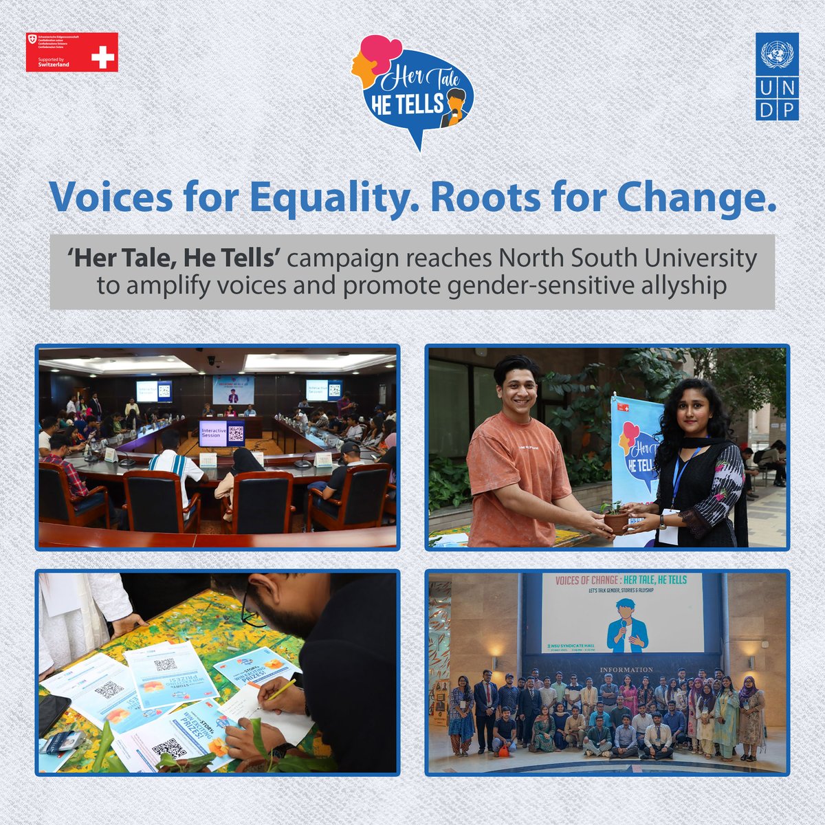UNDP Bangladesh (@undp_bd) on Twitter photo As part of our #HerTaleHeTells campaign, supported by the <a href="/SwissAmbBD/">Embassy of Switzerland in Bangladesh</a> 🇨🇭, students of North South University shared stories of inspiring women and engaged in powerful conversations on allyship and change.
Huge thanks to our campus collaborators — <a href="/icmansu/">ICMA NSU Student Chapter</a> and <a href="/NsuTv/">NSU TV Radio</a> for their As part of our #HerTaleHeTells campaign, supported by the <a href="/SwissAmbBD/">Embassy of Switzerland in Bangladesh</a> 🇨🇭, students of North South University shared stories of inspiring women and engaged in powerful conversations on allyship and change.
Huge thanks to our campus collaborators — <a href="/icmansu/">ICMA NSU Student Chapter</a> and <a href="/NsuTv/">NSU TV Radio</a> for their