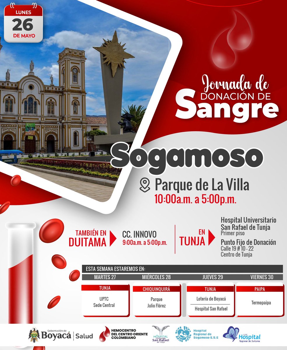 🩸 #Sogamoso
📍 Parque La Villa
📅 Lunes 26 de mayo 2025
🕘 10:00 a.m. a 5:00 p.m.

✅ Lleva tu cédula
✅ Mayor de 18 años, +50kg
✅ Sin hipertensión, diabetes ni antibióticos recientes
✅ Come algo antes de donar

💉 Dona sangre, salva 3 vidas ❤️

#DonaciónDeSangre #SalvaVidas