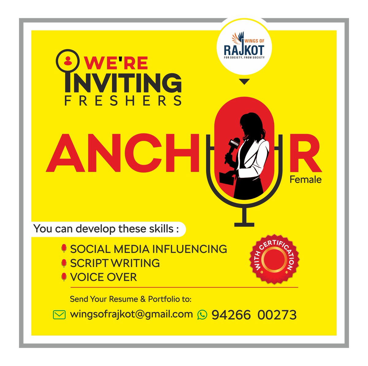 wingsofrajkot's tweet image. Wings of Rajkot is inviting female freshers to kickstart their journey as Anchor

✨ What you’ll gain
📌 Social Media Influencing
📌 Script Writing
📌 Voice Over Skills
📜 Certification Included!

Send your resume
📩wingsofrajkot@gmail.com
📱WhatsApp : 94266 00273

#Job #vacancy