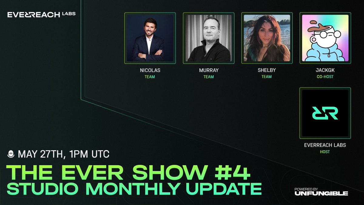 Everreach Labs (@everreachlabs) on Twitter photo 📡🎮 THE EVER SHOW #4 🎮📡
Tune in for the latest studio update from the Everreach Labs team, featuring insights and banter from:
<a href="/gogobougar/">Nicolas Bougartchev</a> | <a href="/murraypannell/">murraypannell</a> | @sheebaverse | <a href="/JackGK_BTC/">JackGK</a>
🎙️ Don’t miss it: x.com/i/spaces/1BdGY… 📡🎮 THE EVER SHOW #4 🎮📡
Tune in for the latest studio update from the Everreach Labs team, featuring insights and banter from:
<a href="/gogobougar/">Nicolas Bougartchev</a> | <a href="/murraypannell/">murraypannell</a> | @sheebaverse | <a href="/JackGK_BTC/">JackGK</a>
🎙️ Don’t miss it: x.com/i/spaces/1BdGY…