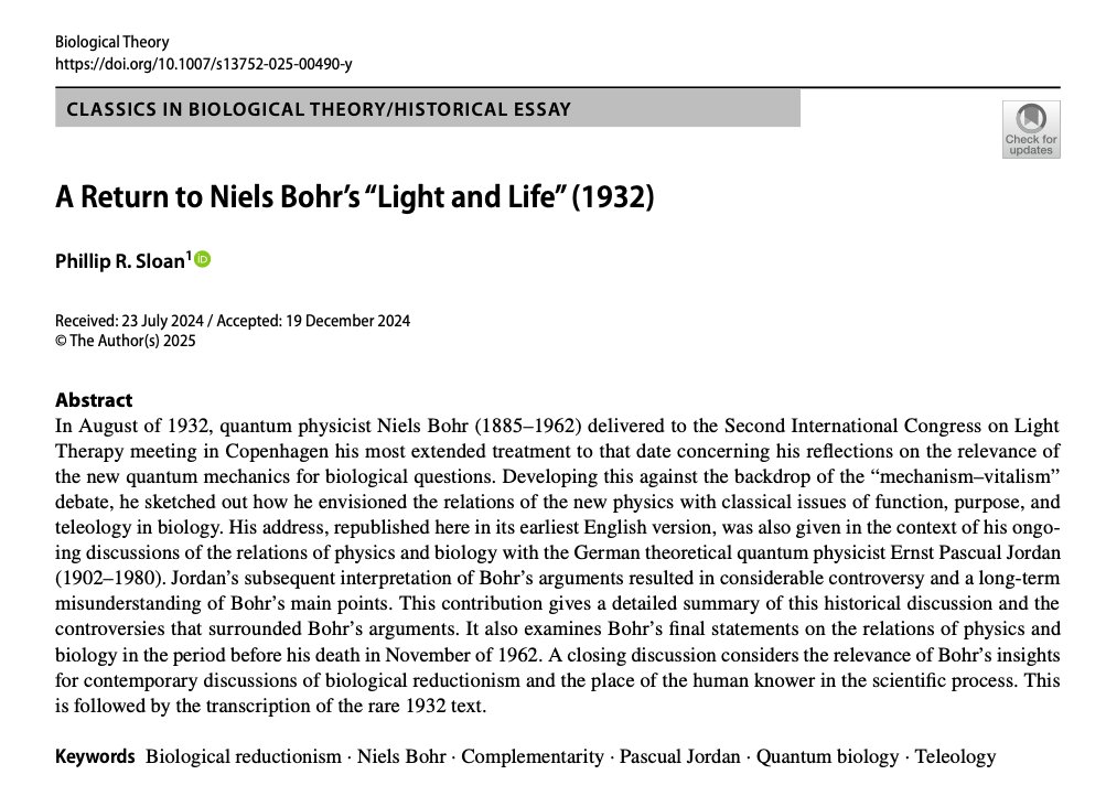 BiolTheory's tweet image. ➡️New article out⬅️
"A Return to Niels Bohr’s 'Light and Life' (1932)"
by Phillip Sloan
Open access: rdcu.be/enIHS