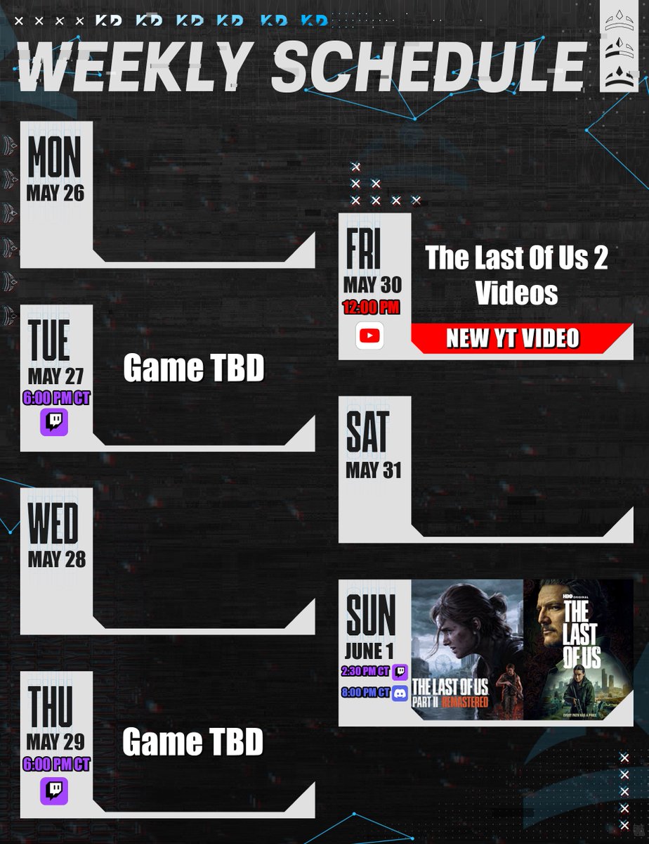KingDylpickle's tweet photo. Stream Schedule for May 26th ➡️June 1st🗓️

Testing out a new stream schedule and vibing with many different games recently! https://t.co/MW0Cxelrmj