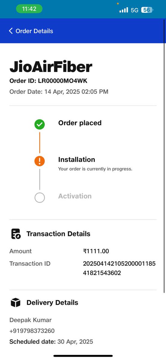 Dk5895's tweet photo. “@JioCare I booked Jio AirFiber on April 14, 2025, aslo paid 1111 Rs as advance money but it’s still not installed after 1+ month. Multiple emails ignored, causing financial losses. Need urgent action or refund. Reference number- LR00000MO4WK https://t.co/MTfgcDDCJO