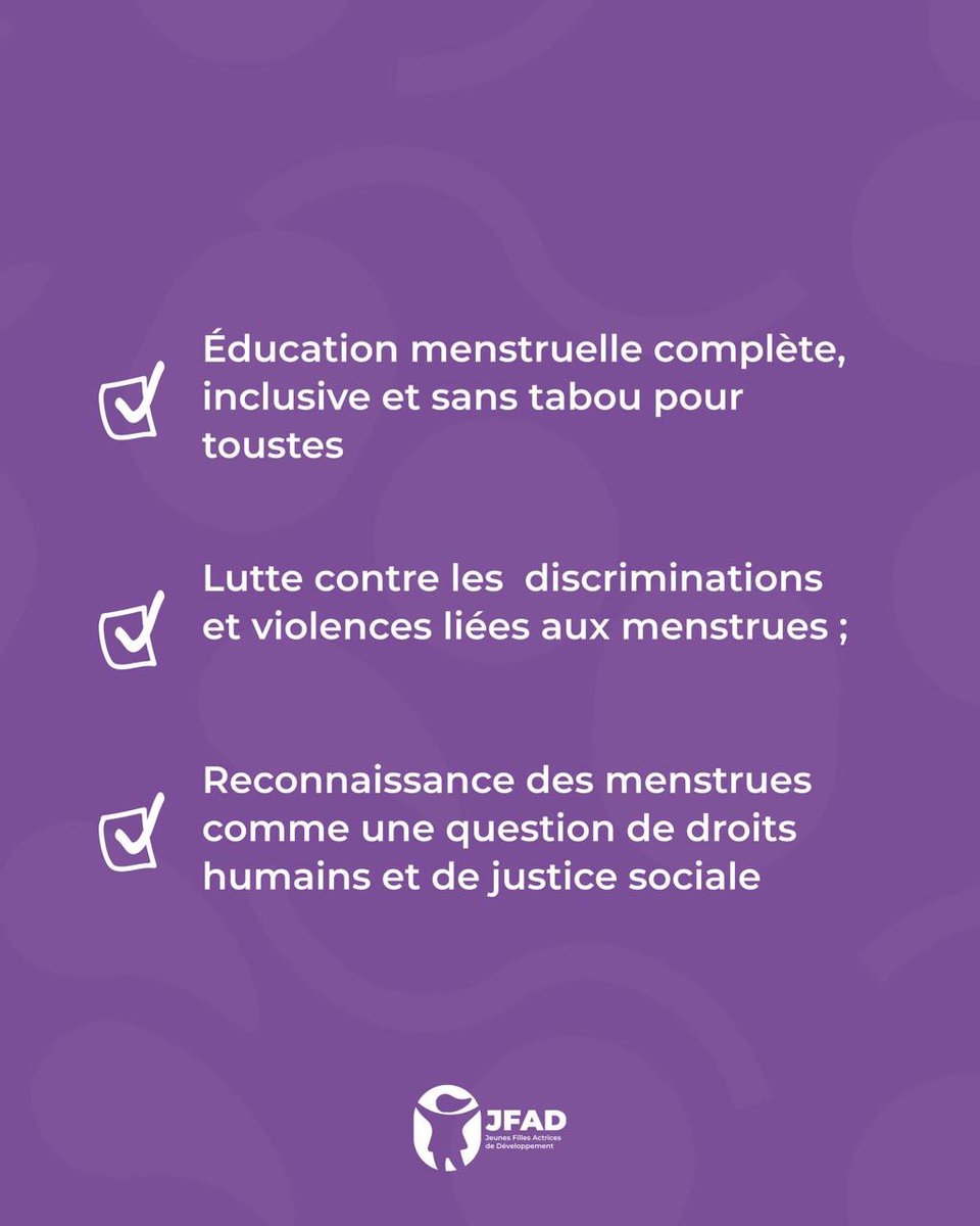 Jfad_Ong's tweet photo. Ce #28mai 2025, nous célébrons la Journée mondiale de l’hygiène menstruelle.

La question des menstrues n’est pas juste une question « d’hygiène ». C’est une question de droits et de justice sociale. 

Amplifions nos voix pour la dignité menstruelle ✊🏾

#jfad #dignitémenstruelle https://t.co/I7otjdjzH4