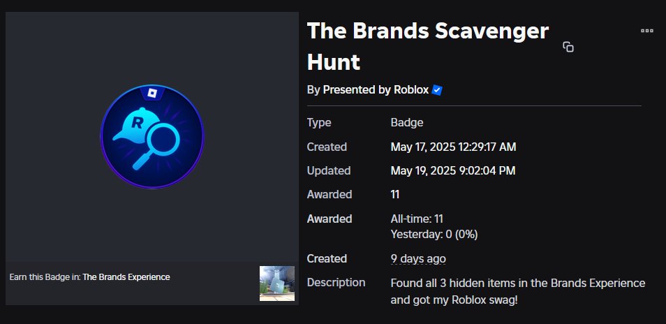 RBXReveals's tweet image. 🏢 | The Brands Experience 

After a 48-hour review of game data and code, we discovered an in-game scavenger hunt that awards a badge and the official &quot;Roblox Jersey&quot; item. Three admins with the badge also have the item.

#Roblox #RobloxEvent 

Game: roblox.com/games/16970181…