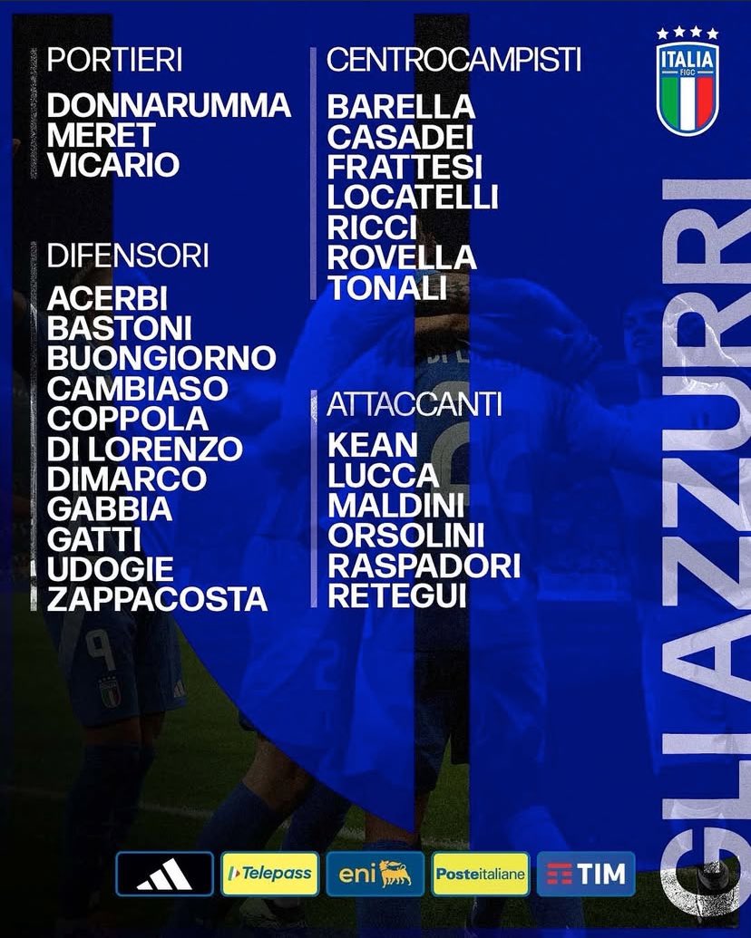 HERE WE GO!!!

Skuad Italia untuk memulai Kualifikasi World Cup 2026! 🙌🏼

Tanggal 7 Juni 2026 akan away ke Norway yang notaben nya bigmatch!! Setelahnya akan main home vs Moldova.

Dari list pemain yang ada, memang yang terbaik untuk 🇮🇹 saat ini.

GASS!!

📷 <a href="/Azzurri/">Nazionale Italiana ⭐️⭐️⭐️⭐️</a>