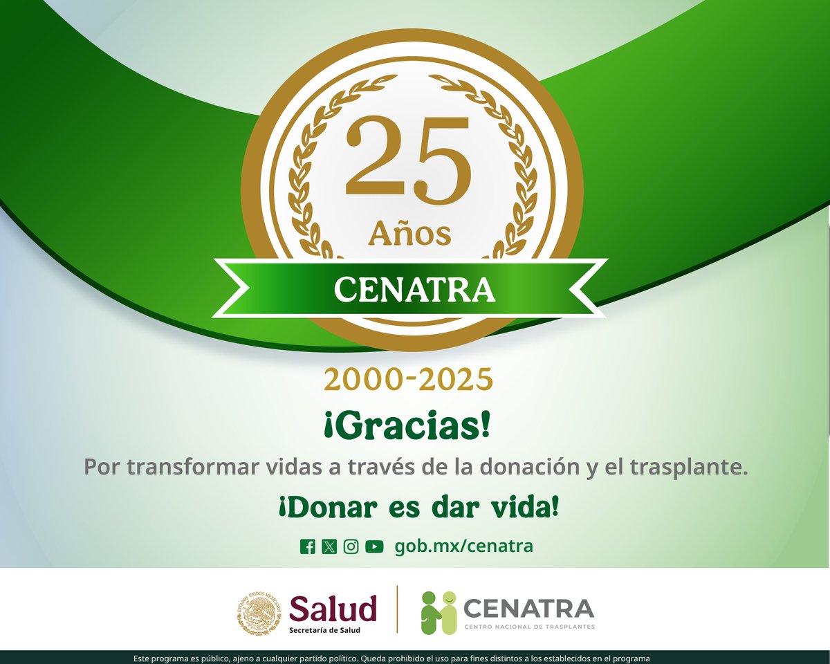 26 de mayo | 2️⃣5️⃣ Aniversario #CENATRA

Hoy celebramos un año más del Centro Nacional de Trasplantes, institución clave en el fortalecimiento del sistema nacional de donación y trasplantes.🩺🏥 🫀🫁

Su compromiso hace posible que más personas reciban una segunda oportunidad de