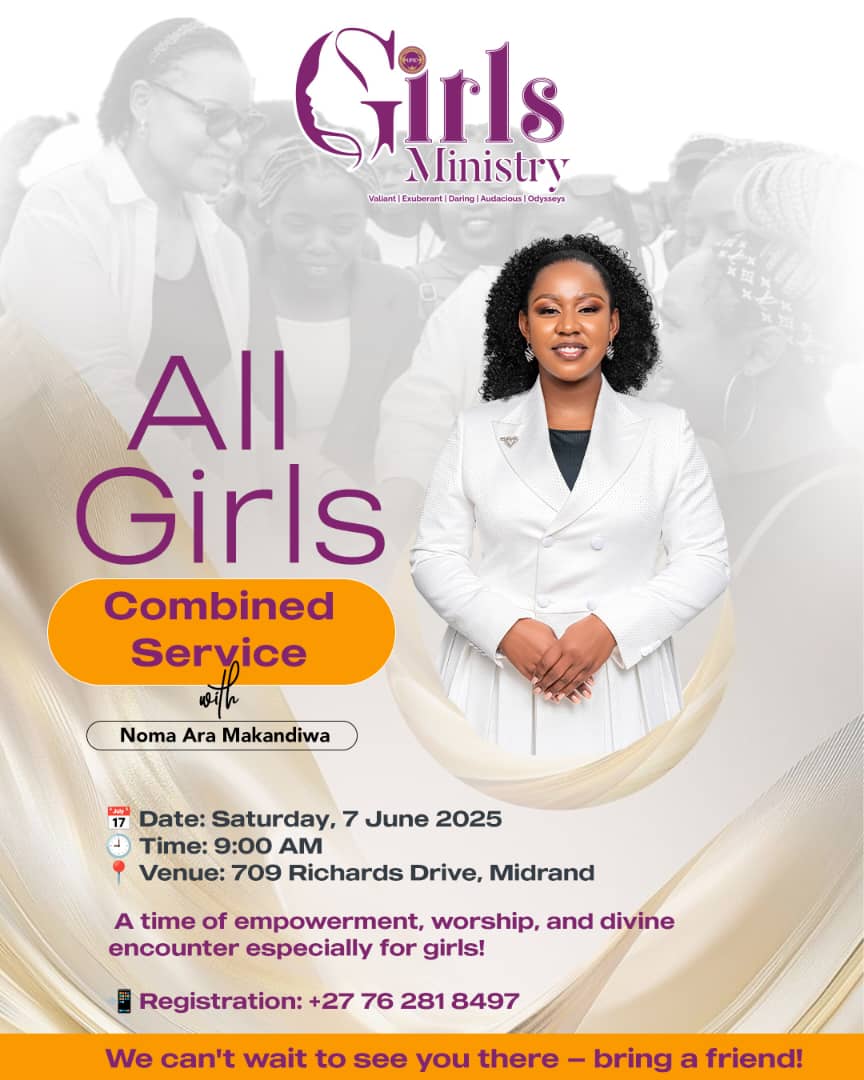 Girls, You’re All Invited! 🌺 
Come and be part of our Girls Ministry Combined Service. 
Theme: I AM
It’s going to be an unforgettable time of worship, sisterhood, and inspiration.
We can't wait to see you there!