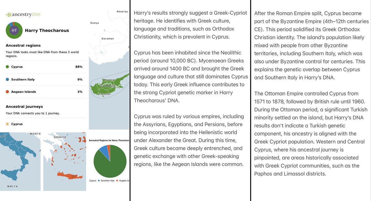 DNA TESTS CONFIRM CYPRUS’ GREEK HERITAGE🚨

▪️Mycenaean Greeks 1400 BC
▪️Hellenistic world - Alexander the Great
▪️Byzantine Empire
▪️Ottoman Empire - The results below don’t indicate a Turkish genetic component, Harry’s ancestry is aligned with the Greek Cypriot population

The