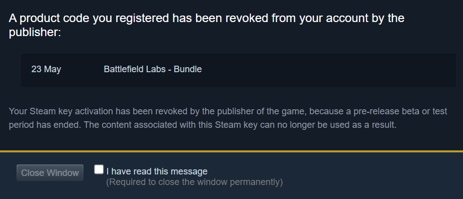 Given that the #BattlefieldLabs Pre-Alpha Server Performance Test is no longer available, EA is revoking access to participants.

The key can no longer be used, so you won't be able to play in future tests unless you're selected again through normal means. You're placed back into