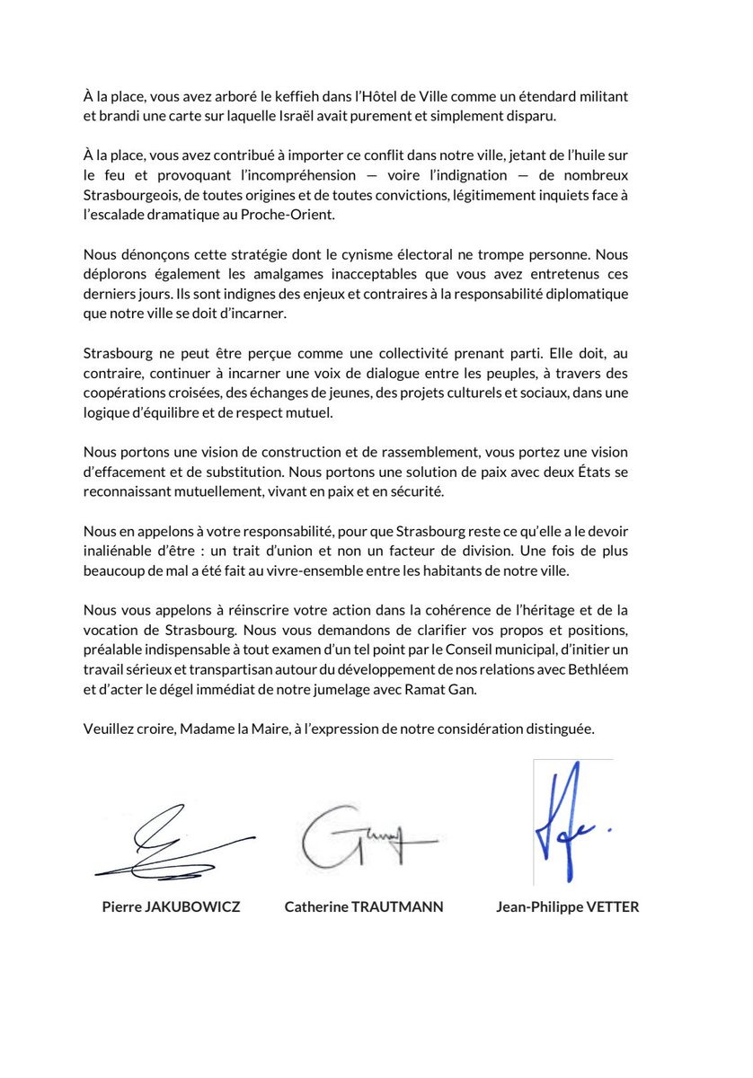 Pierre Jakubowicz 🇫🇷🇪🇺 (@pjakubowicz) on Twitter photo Parce que #Strasbourg doit rester une ville qui exporte la #paix plutôt que d’importer le conflit, nous avons écrit à la Maire de Strasbourg avec mes collègues présidents de groupe <a href="/CatTrautmann/">Catherine Trautmann</a> et <a href="/JPVETTER/">Jean-Philippe Vetter</a> 👇🏻 Parce que #Strasbourg doit rester une ville qui exporte la #paix plutôt que d’importer le conflit, nous avons écrit à la Maire de Strasbourg avec mes collègues présidents de groupe <a href="/CatTrautmann/">Catherine Trautmann</a> et <a href="/JPVETTER/">Jean-Philippe Vetter</a> 👇🏻