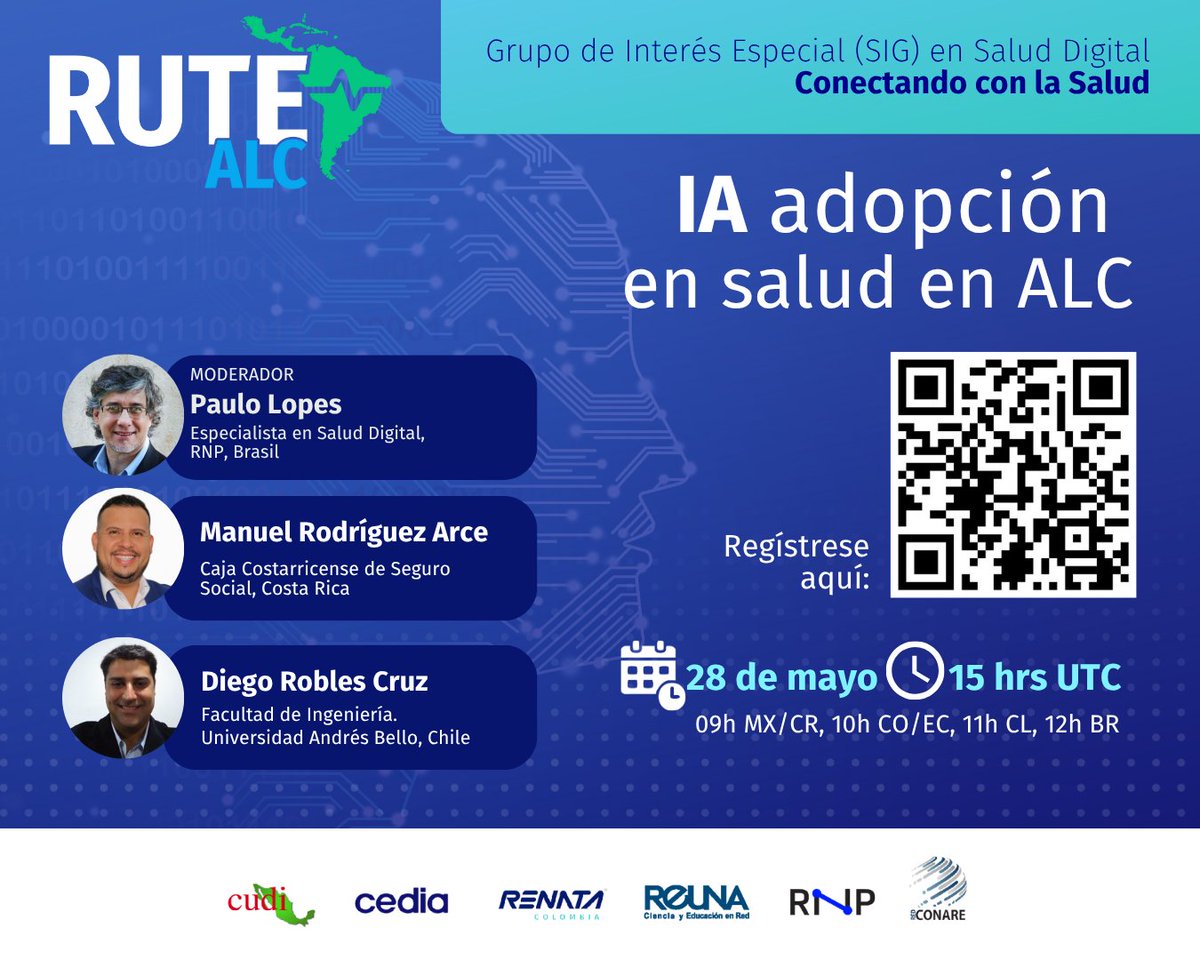 RedCLARA (@redclara) on Twitter photo 📅 Este miércoles 28 de mayo, RUTE-ALC llevará a cabo una nueva sesión enfocada en el papel de la Inteligencia Artificial en la transformación digital del sector salud.
🔗 Registro: rcc.rnp.br/RUTE-ALC/aovivo 
@RedCudi @RedCONARE <a href="/CEDIAec/">CEDIA</a> @RNP <a href="/Red_REUNA/">REUNA</a> @Renata 📅 Este miércoles 28 de mayo, RUTE-ALC llevará a cabo una nueva sesión enfocada en el papel de la Inteligencia Artificial en la transformación digital del sector salud.
🔗 Registro: rcc.rnp.br/RUTE-ALC/aovivo 
@RedCudi @RedCONARE <a href="/CEDIAec/">CEDIA</a> @RNP <a href="/Red_REUNA/">REUNA</a> @Renata