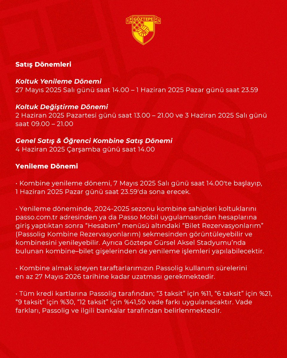 Goztepe's tweet image. 🟡🔴Göztepe’mizin, 2025-2026 futbol sezonunda Süper Lig’de oynayacağı iç saha maçlarının kombine bilet satışları 27 Mayıs Salı günü saat 14.00’te başlayacaktır.

2024-2025 sezonu kombine satışında duyurulduğu gibi, en az 10 maça giriş yapmayan veya kulübe devretmeyen 3.687…