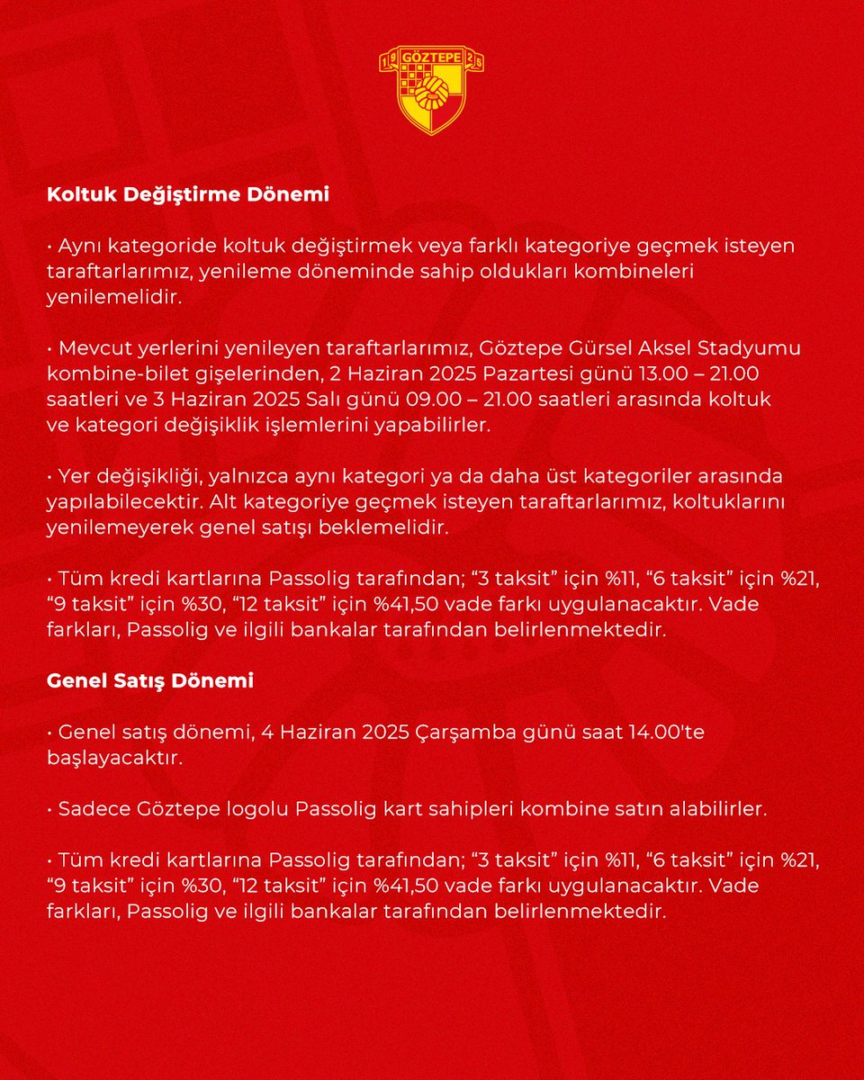 Goztepe's tweet image. 🟡🔴Göztepe’mizin, 2025-2026 futbol sezonunda Süper Lig’de oynayacağı iç saha maçlarının kombine bilet satışları 27 Mayıs Salı günü saat 14.00’te başlayacaktır.

2024-2025 sezonu kombine satışında duyurulduğu gibi, en az 10 maça giriş yapmayan veya kulübe devretmeyen 3.687…