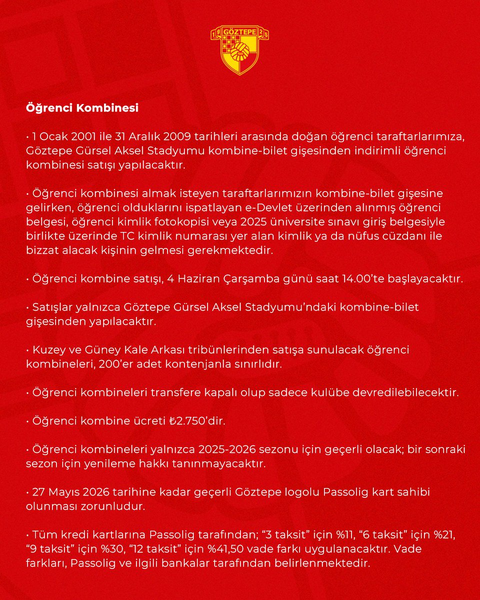 Goztepe's tweet image. 🟡🔴Göztepe’mizin, 2025-2026 futbol sezonunda Süper Lig’de oynayacağı iç saha maçlarının kombine bilet satışları 27 Mayıs Salı günü saat 14.00’te başlayacaktır.

2024-2025 sezonu kombine satışında duyurulduğu gibi, en az 10 maça giriş yapmayan veya kulübe devretmeyen 3.687…