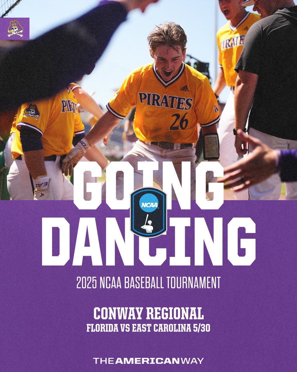 East Carolina is 𝓰𝓸𝓲𝓷𝓰 𝓭𝓪𝓷𝓬𝓲𝓷𝓰🕺

The Pirates are heading to the Conway Regional as the No. 3 seed to face Florida first on 5/30 🏴‍☠️

#AmericanWay x #AmericanBSB