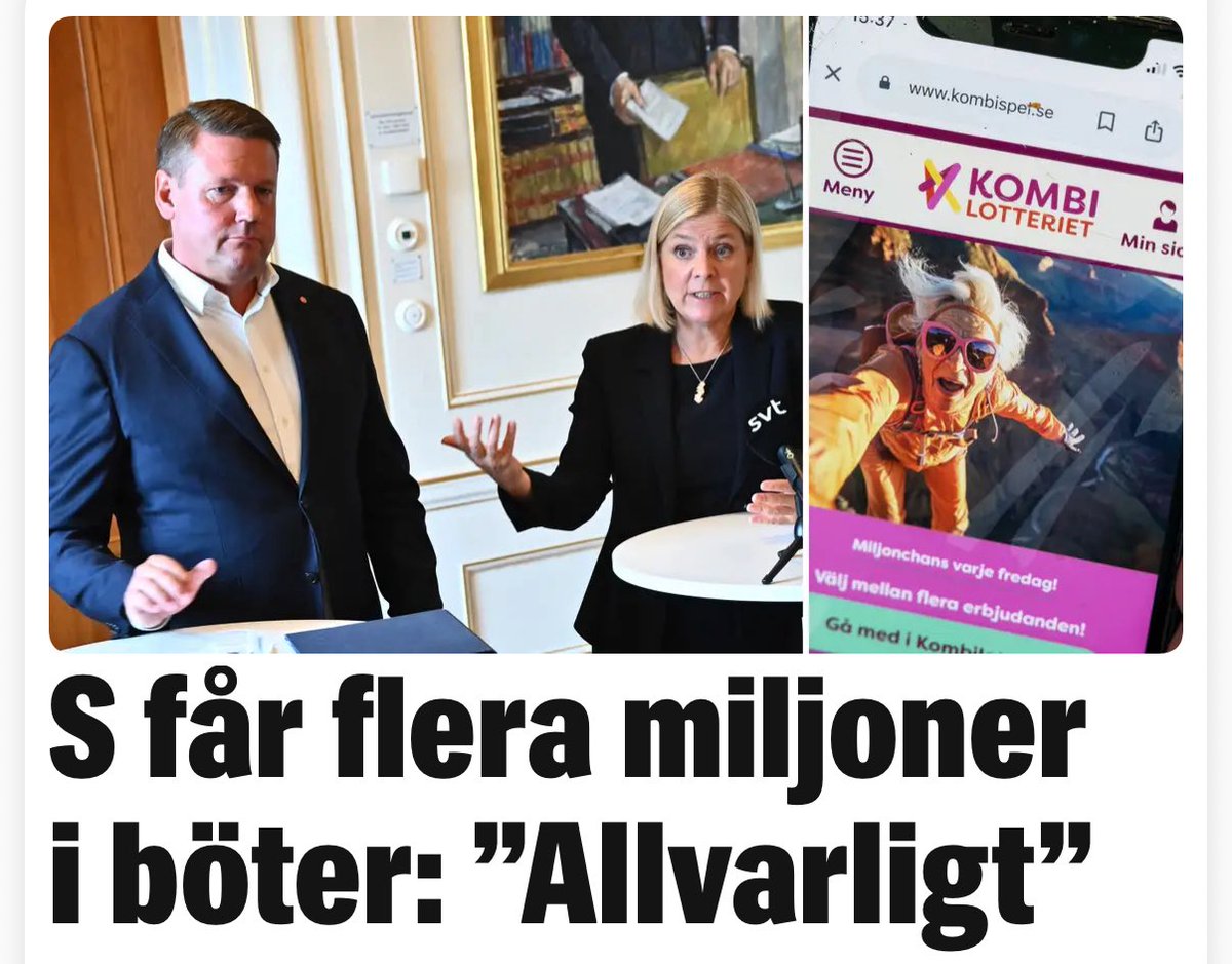 Spelinspektionen bötfäller Socialdemokraterna.
Spelskandalen fortsätter..

 S, som licenshavare, har brutit mot ”kraven att spelverksamheten ska bedrivas på ett sunt och säkert sätt” och mot ”bestämmelsen om måttfull marknadsföring”.  expressen.se/nyheter/sverig…