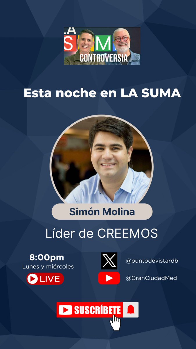 puntodevistardb's tweet photo. Esta noche en #LaSuma
@simonmolinag para hablar de política, el movimiento @creemosco, @petrogustavo y las elecciones a @SenadoGovCo y @CamaraColombia
8:00 pm por X: @puntodevistardb y Youtube: @GranCiudadMed
Síguenos en https://t.co/LUhQfYABQP y en nuestras redes sociales:
https://t.co/EKLE7B4Rro
https://t.co/8C2lpc2Jt2
https://t.co/r7bT5CKFSk
https://t.co/vUveNjmpBu
https://t.co/0CU6hHD4iF
#LaSuma #tiktoklive #Xlive #eleccionpresidencial #Rubenbenjumea #Pinturita #FueraPetro #politica #Petro #presidentePetro #Colombia, #Medellín #paisdelavida #Senadodecolombia #alcaldiademedellin #gobernaciondeantioquia #concejodemedellin #GustavoPetro #andresjulianrendon #asambleadeantioquia #Medellín #ficogutierrez #puntodevistardb #antioquia #parati