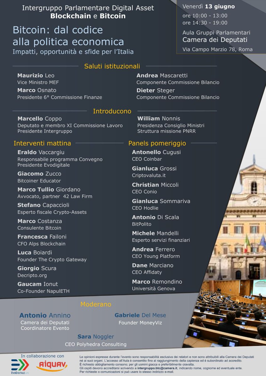 Venerdì 13 Giugno sarò alla Camera dei Deputati insieme ad altri esperti ed addetti ai lavori per parlare di Bitcoin. 

Se ne parlerà finalmente in modo diverso dal solito anche in un ambiente istituzionale: non come il male assoluto, ma come un'opportunità da cogliere.

Confido