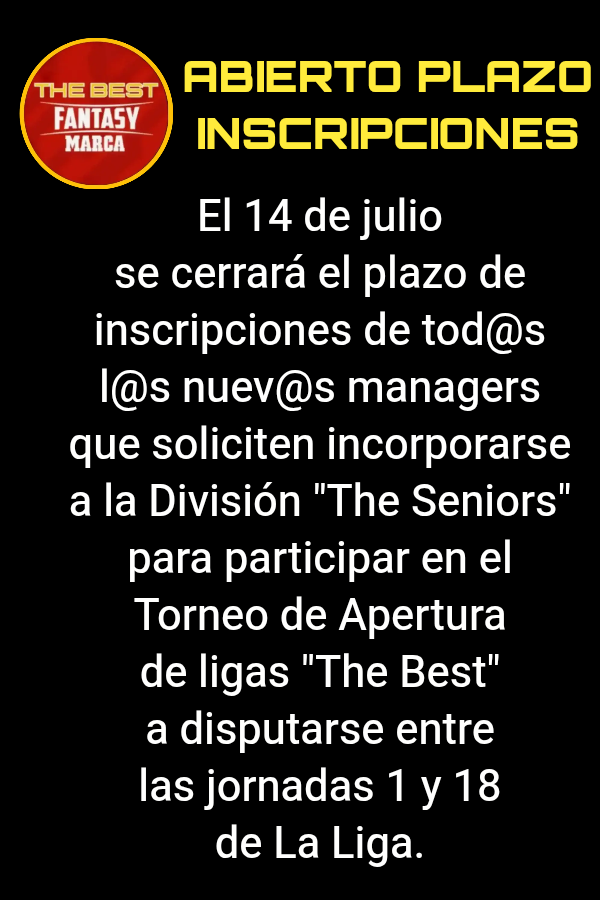 🚨🚨🚨🚨🚨🚨🚨🚨🚨🚨🚨🚨
#ULTIMAHORA #FANTASY ⚽
Hasta el 14 de julio 
permanecerá abierto 
✅ el plazo de #inscripciones
✅ para la próxima temporada 
#TheBest de #LaLiga 2️⃣5️⃣/2️⃣6️⃣ 
a disputarse en la #APP
✅ #MovistarFantasyMARCA
🚨🚨🚨🚨🚨🚨🚨🚨🚨🚨🚨🚨