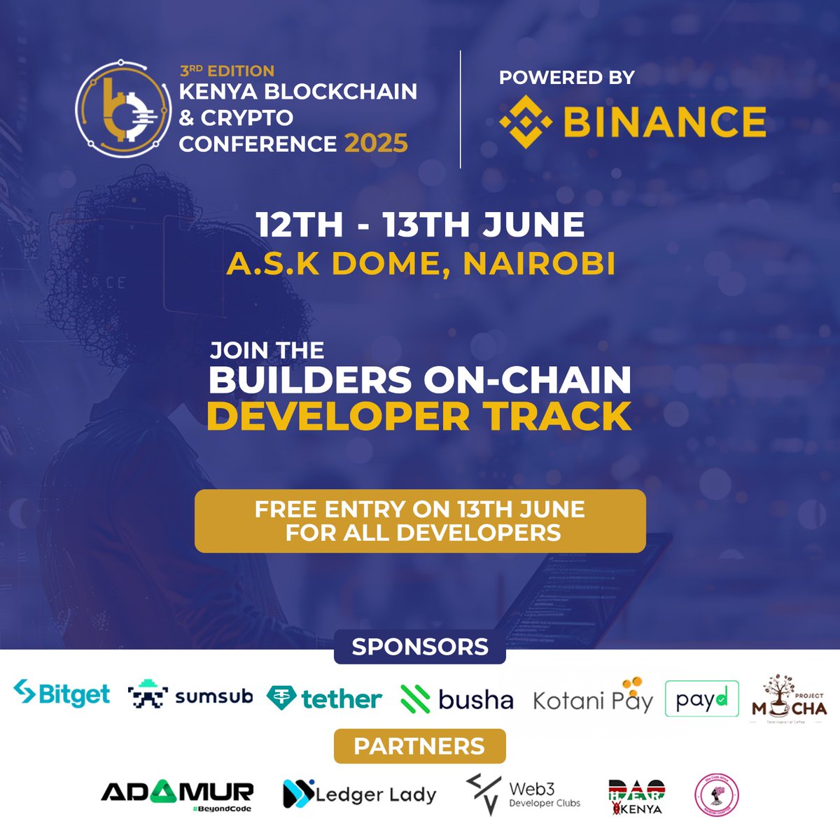 Calling all devs!
KBCC 2025 – Day 2 is YOUR day!
Theme: Scaling Web3 Solutions
Expect dev sessions, hands-on workshops, startup pitches, &amp; panels on DeFi, DAOs &amp; AI.
June 13 | 8AM–5PM | A.S.K Dome, Nairobi
Register: lu.ma/ma1791cu
#KBCC2025 #Web3