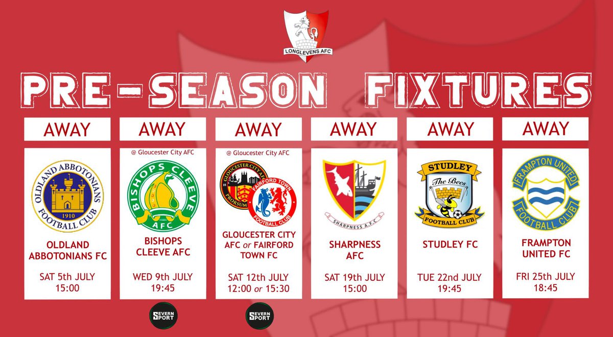 Pre-Season Fixtures all sorted for the upcoming 25 - 26 season ⚽️

We look forward to facing <a href="/oldlandafc/">Oldland Abbotonians FC</a> <a href="/sharpnessafc/">Sharpness AFC</a> @StudleyFc <a href="/FramptonFc/">Frampton United FC</a> as well as <a href="/BishopsCleeveFC/">Bishops Cleeve FC</a> and <a href="/GCAFCofficial/">Gloucester City AFC</a>/<a href="/FairfordTownFC/">Fairford Town FC</a> in the <a href="/SevernSport/">Severn Sport</a> Shield

Up the Levens ❤️🖤